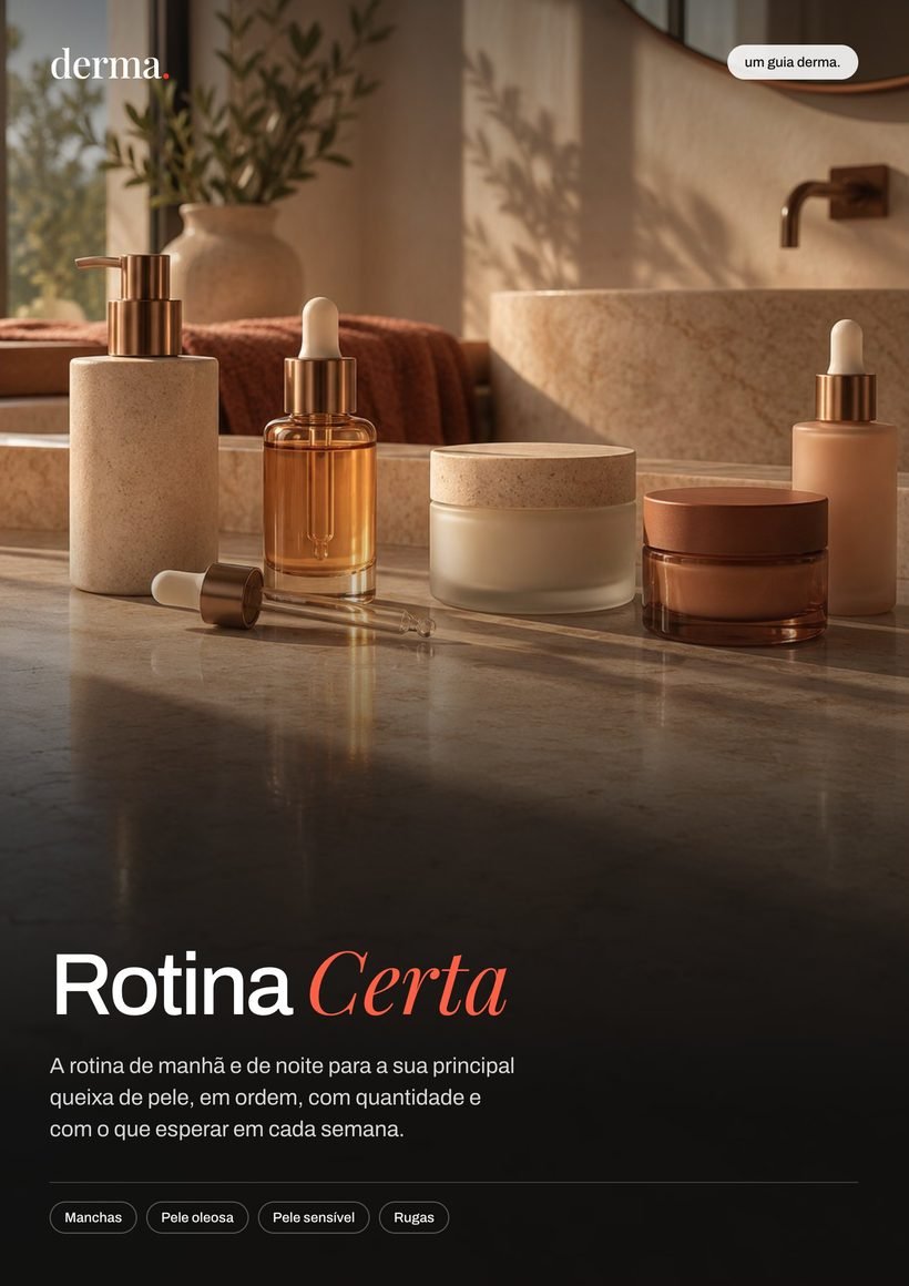 Capa do guia Rotina Certa, com frascos de skincare sobre uma bancada de banheiro